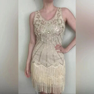 Babeyond Beaded Fringe Flapper Dress Size Medium Cream Colored